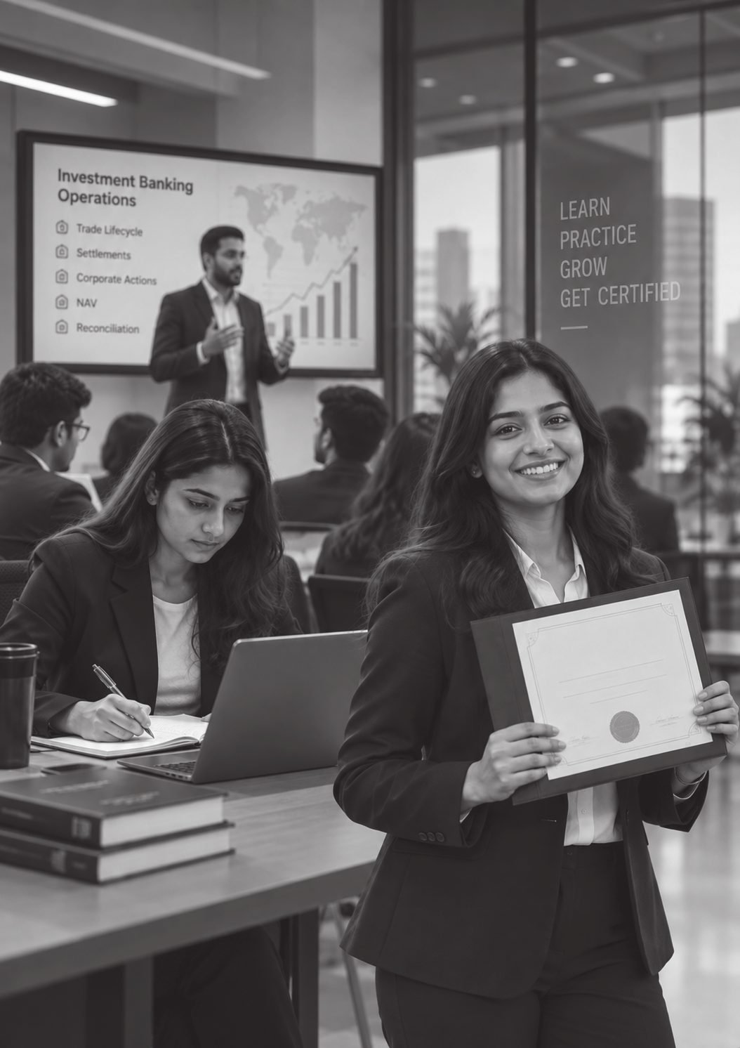 Learners in an investment banking operations class, one holding her certificate
